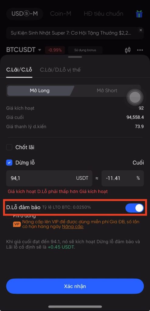 Cách bật tính năng giá đảm bảo sàn BingX - Lệnh C.lời, D/lỗ
